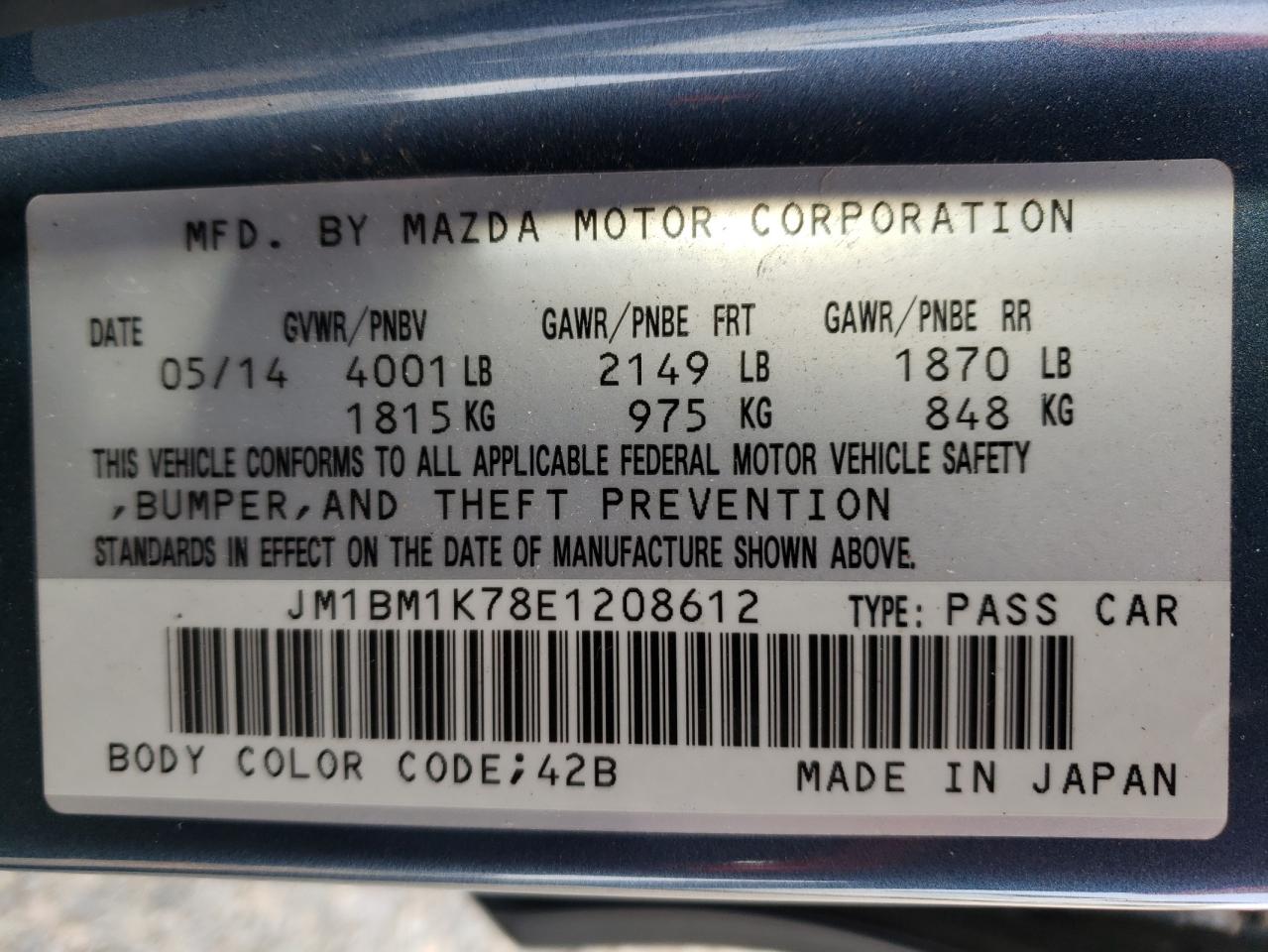 Photo 10 from auction – 2014 MAZDA 3 SPORT with VIN JM1BM1K78E1208612