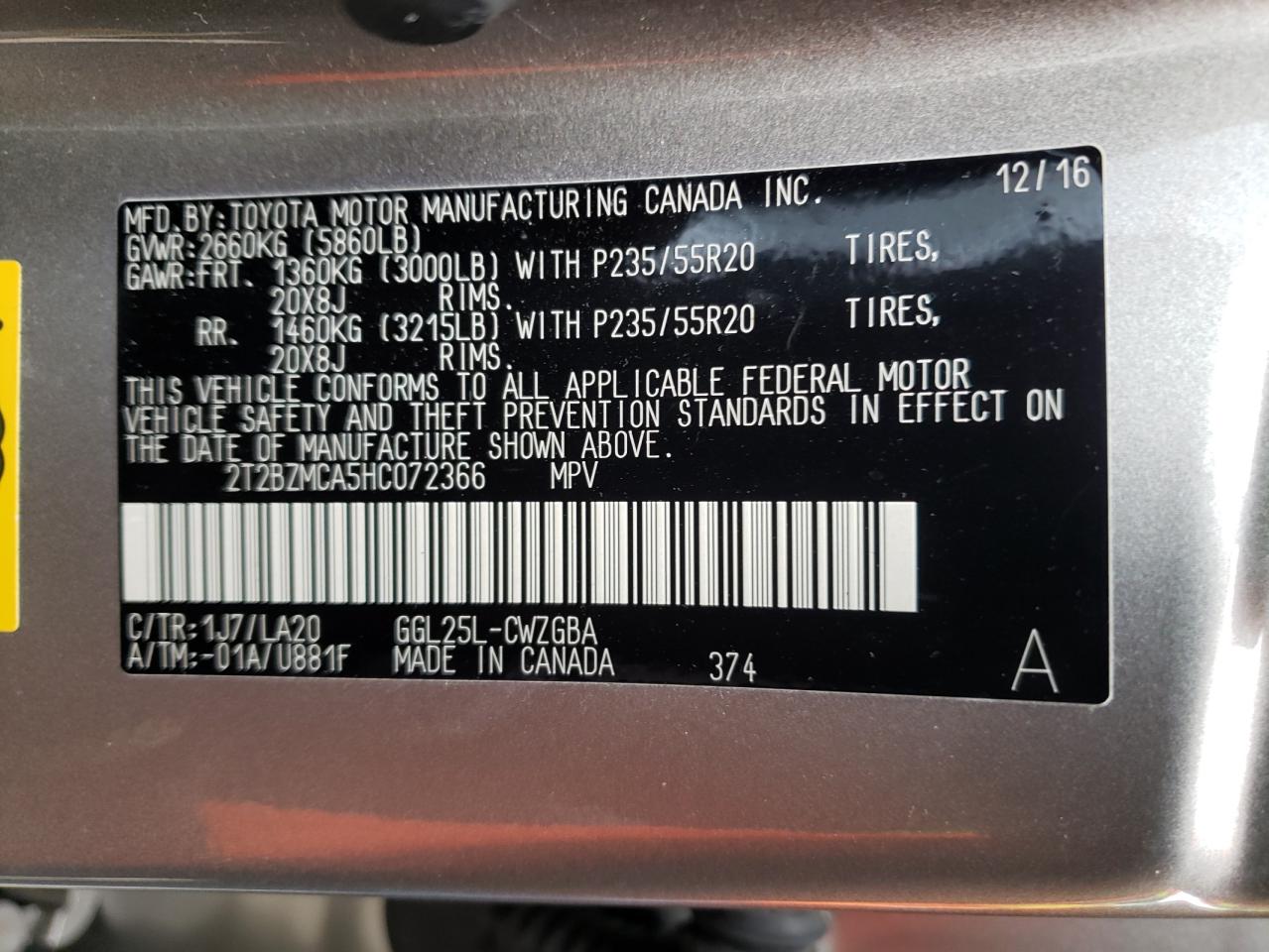 Photo 11 from auction – 2017 LEXUS RX 350 BAS with VIN 2T2BZMCA5HC072366