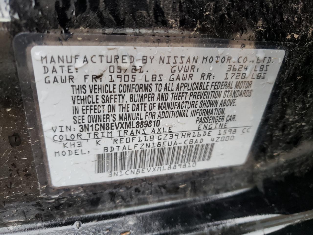 Photo 10 from auction – 2021 NISSAN VERSA SV with VIN 3N1CN8EVXML889810
