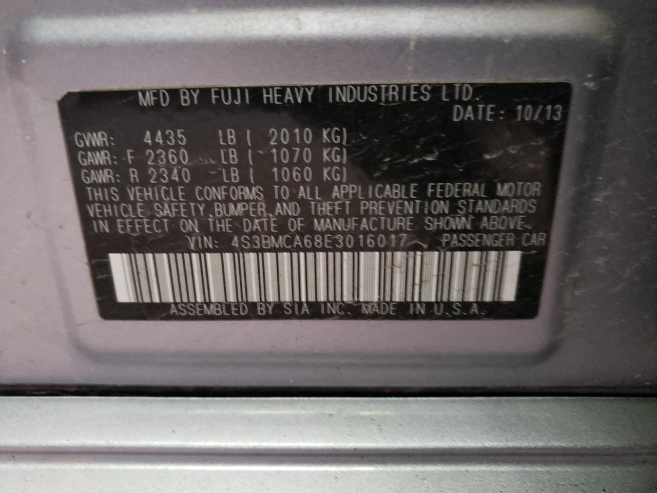 Photo 10 from auction – 2014 SUBARU LEGACY 2.5 with VIN 4S3BMCA68E3016017