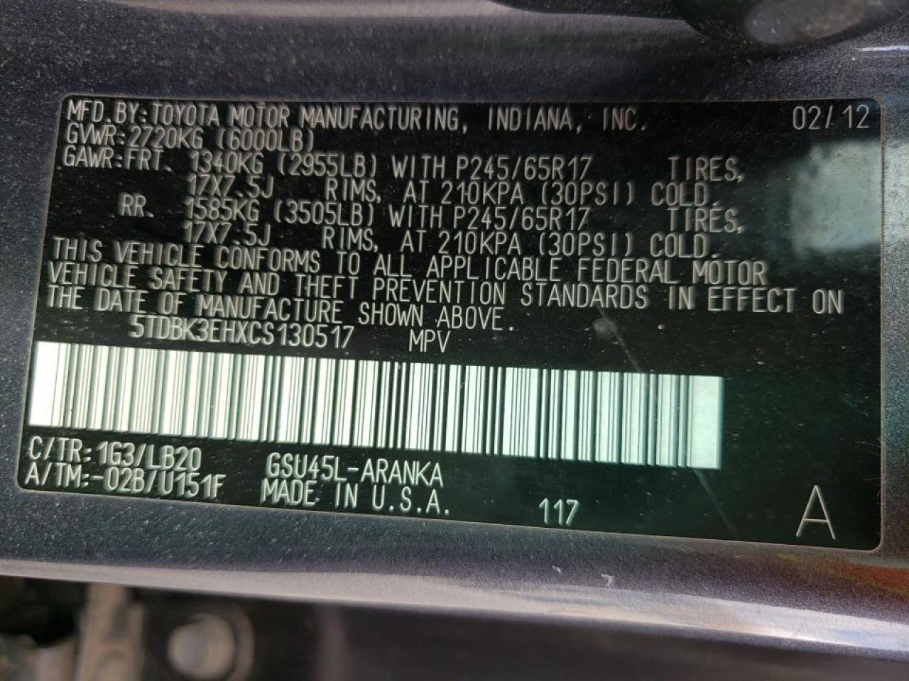 Photo 10 from auction – 2012 TOYOTA HIGHLANDER with VIN 5TDBK3EHXCS130517