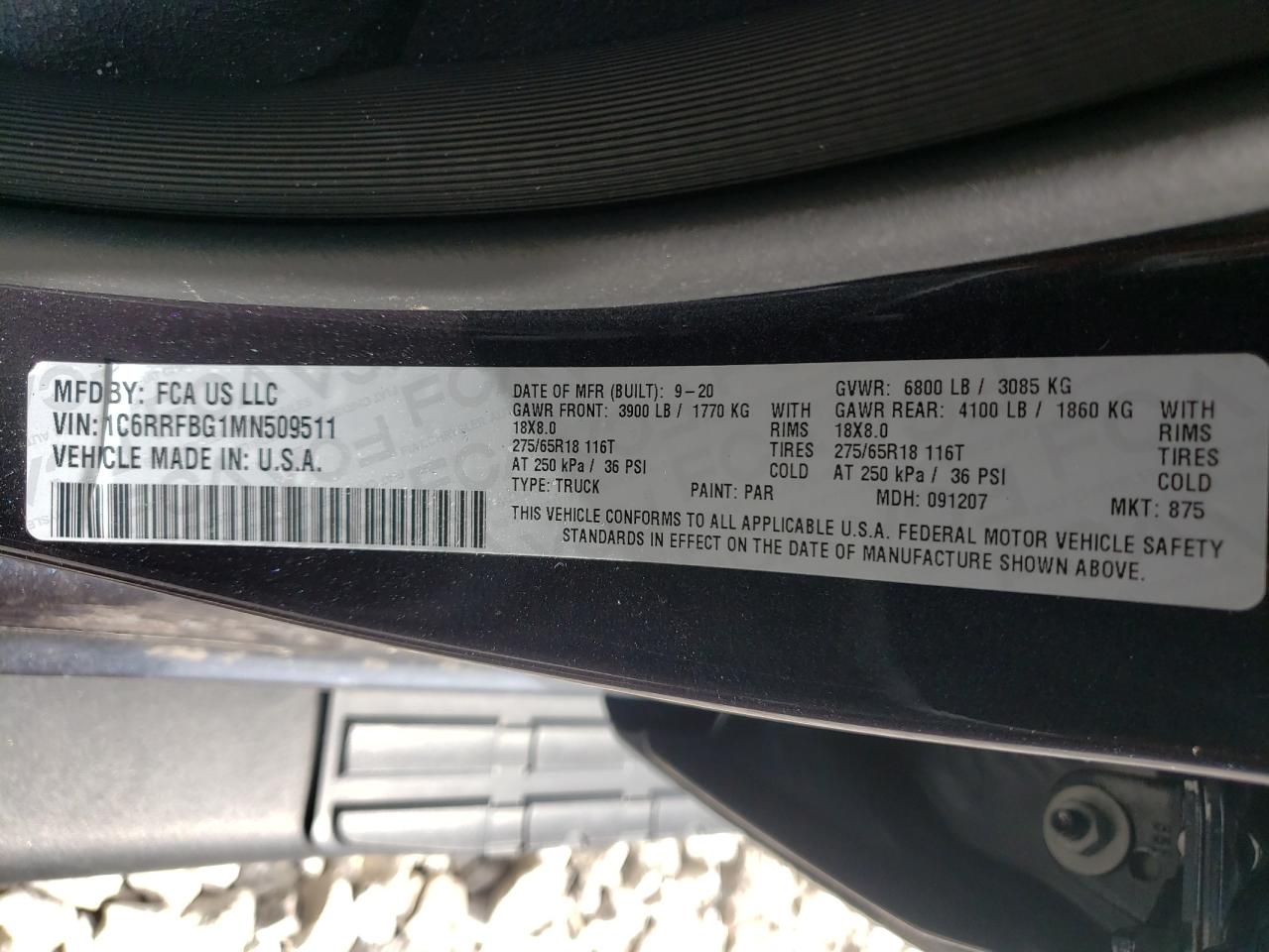 Photo 10 from auction – 2021 RAM 1500 BIG H with VIN 1C6RRFBG1MN509511