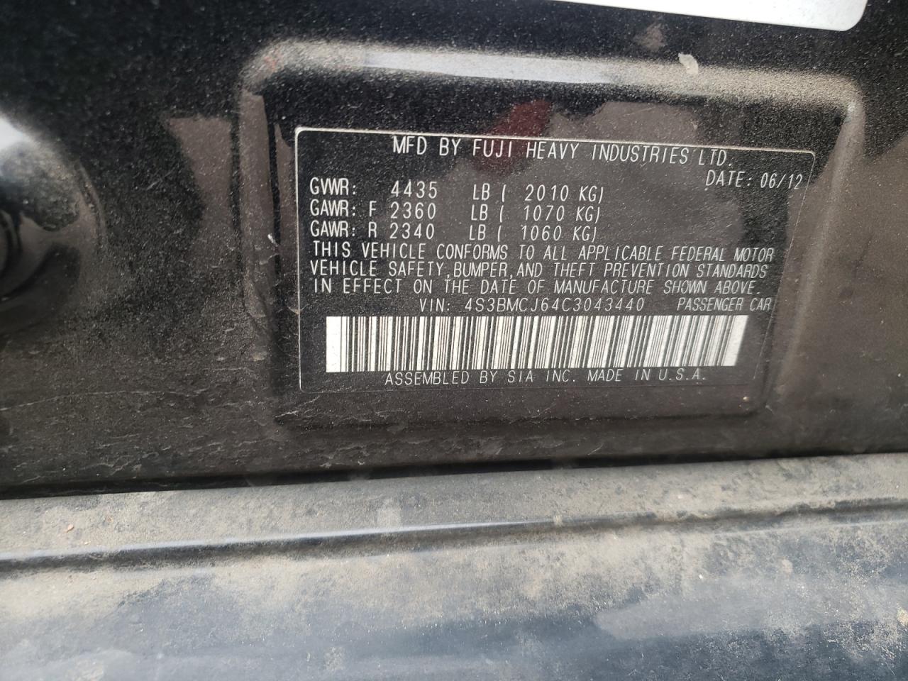 Photo 10 from auction – 2012 SUBARU LEGACY 2.5 with VIN 4S3BMCJ64C3043440