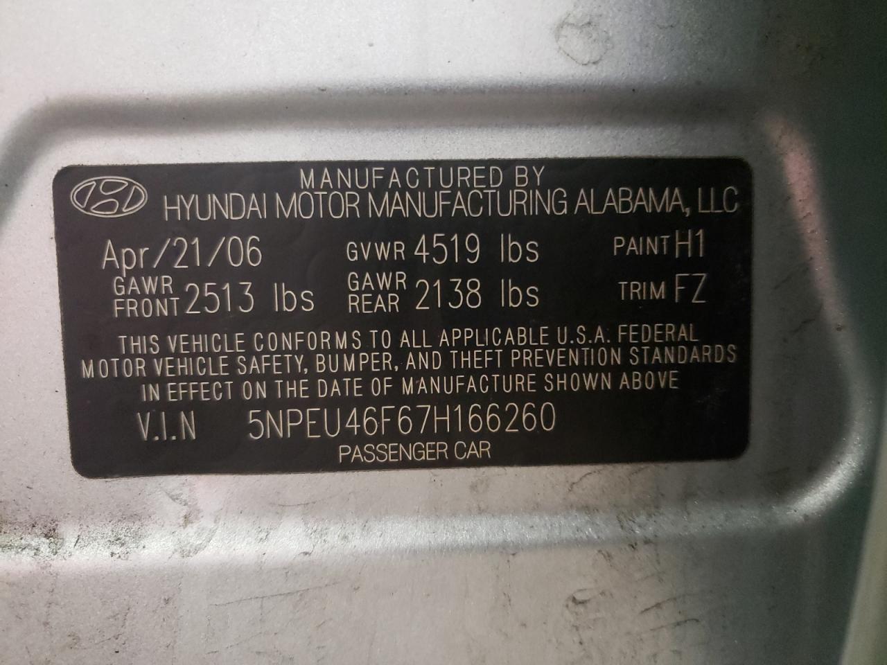 Photo 10 from auction – 2007 HYUNDAI SONATA SE with VIN 5NPEU46F67H166260
