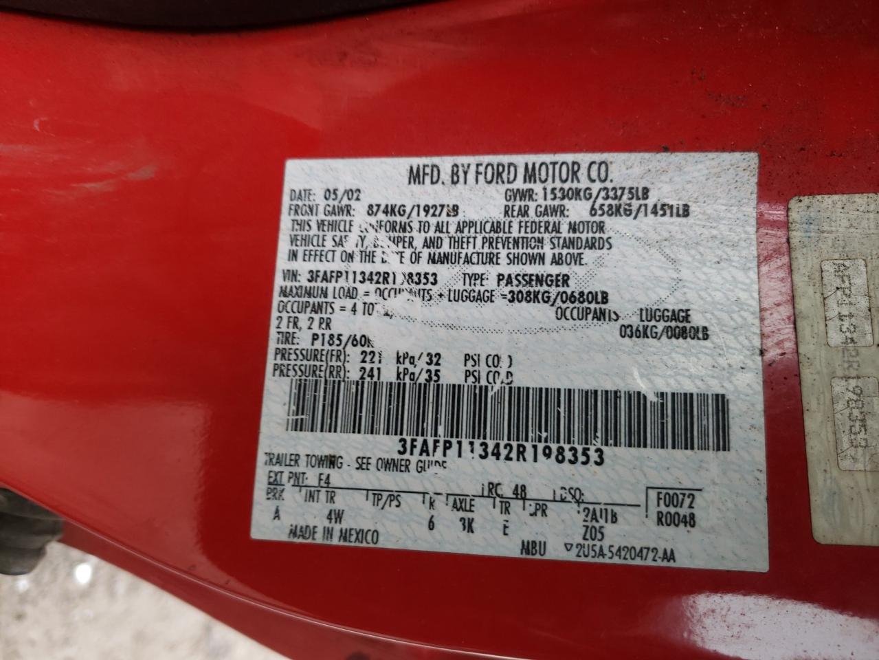 Photo 10 from auction – 2002 FORD ESCORT ZX2 with VIN 3FAFP11342R198353