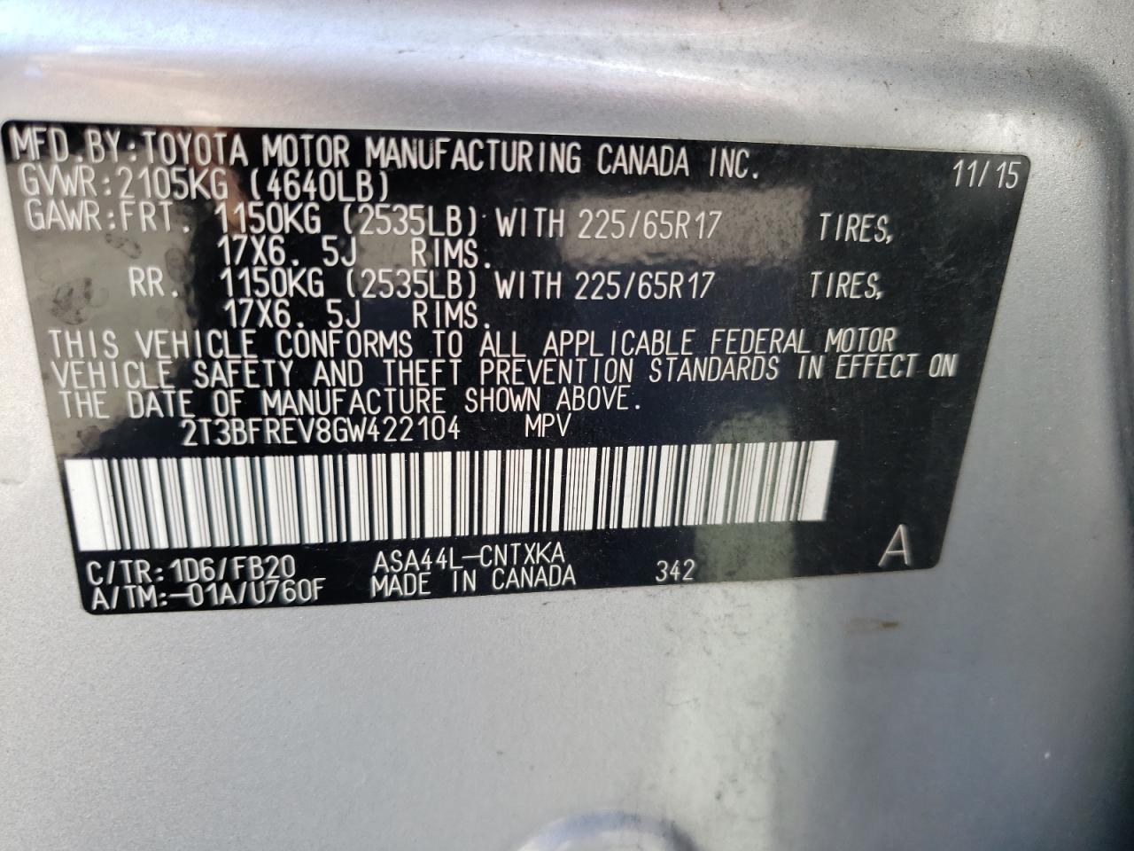 Photo 10 from auction – 2016 TOYOTA RAV4 LE with VIN 2T3BFREV8GW422104