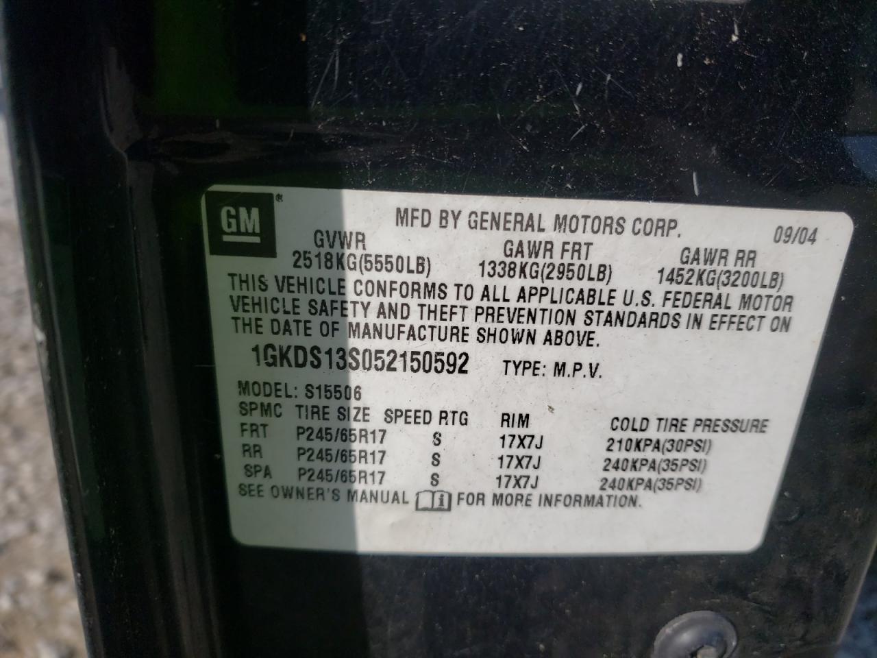 Photo 10 from auction – 2005 GMC ENVOY with VIN 1GKDS13S052150592