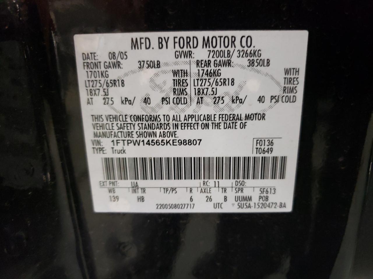 Photo 10 from auction – 2005 FORD F150 SUPER with VIN 1FTPW14565KE98807