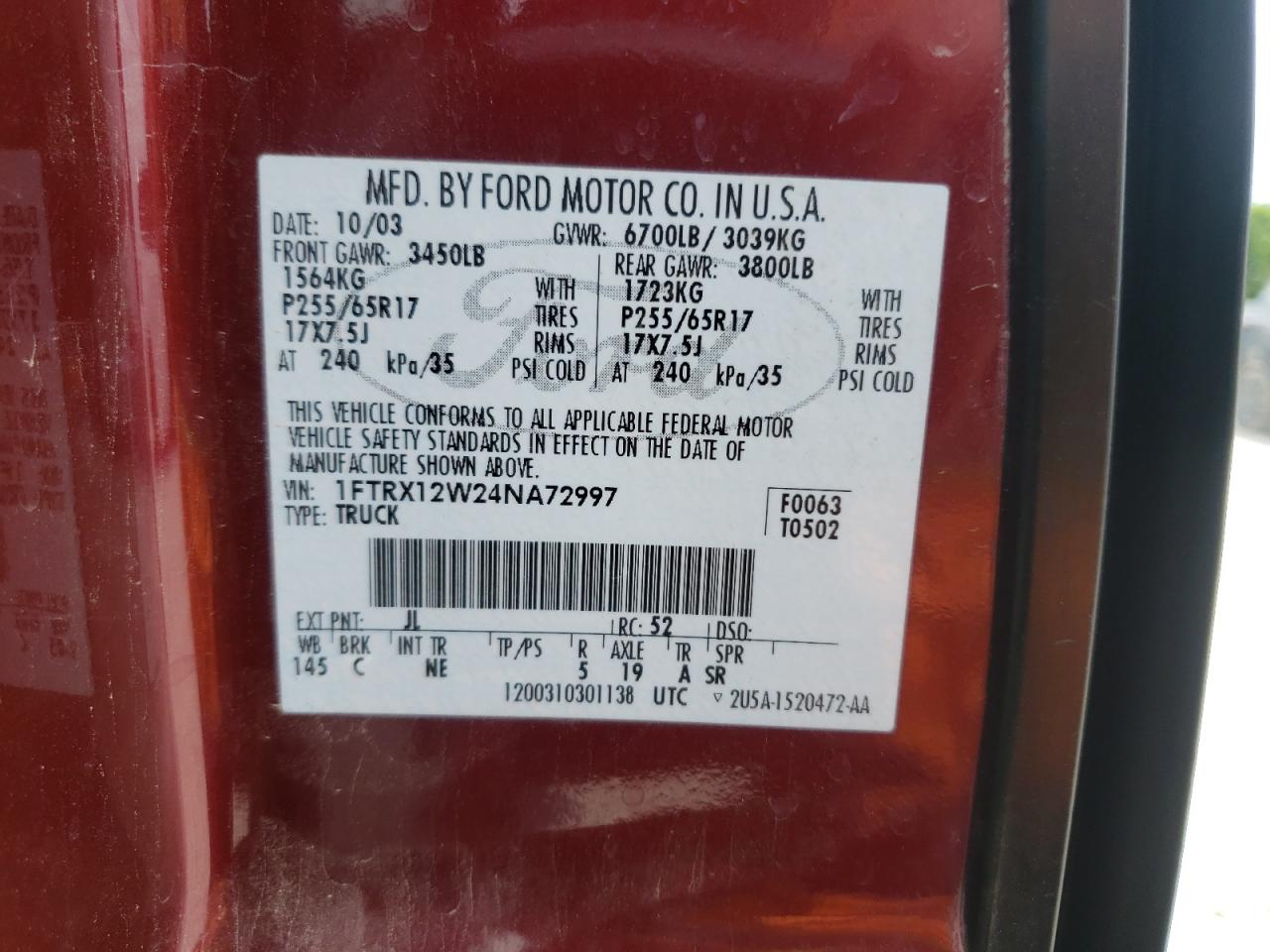 Photo 10 from auction – 2004 FORD F150 with VIN 1FTRX12W24NA72997