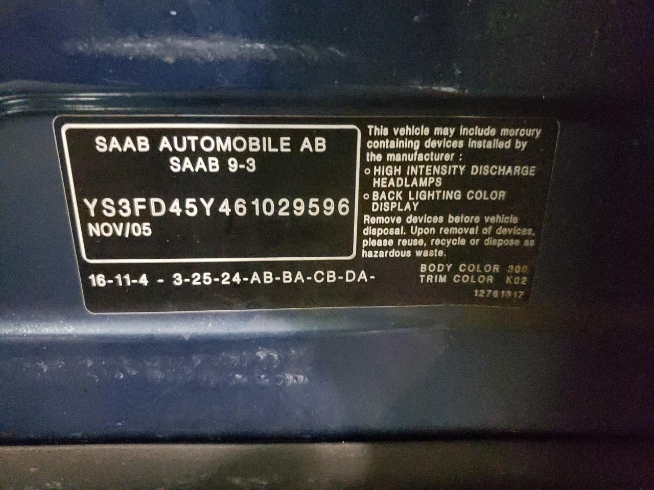 Photo 10 from auction – 2006 SAAB 9-3 with VIN YS3FD45Y461029596
