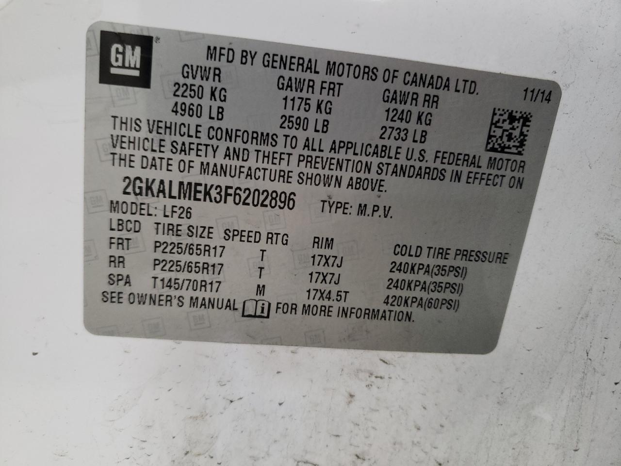 Photo 10 from auction – 2015 GMC TERRAIN SL with VIN 2GKALMEK3F6202896