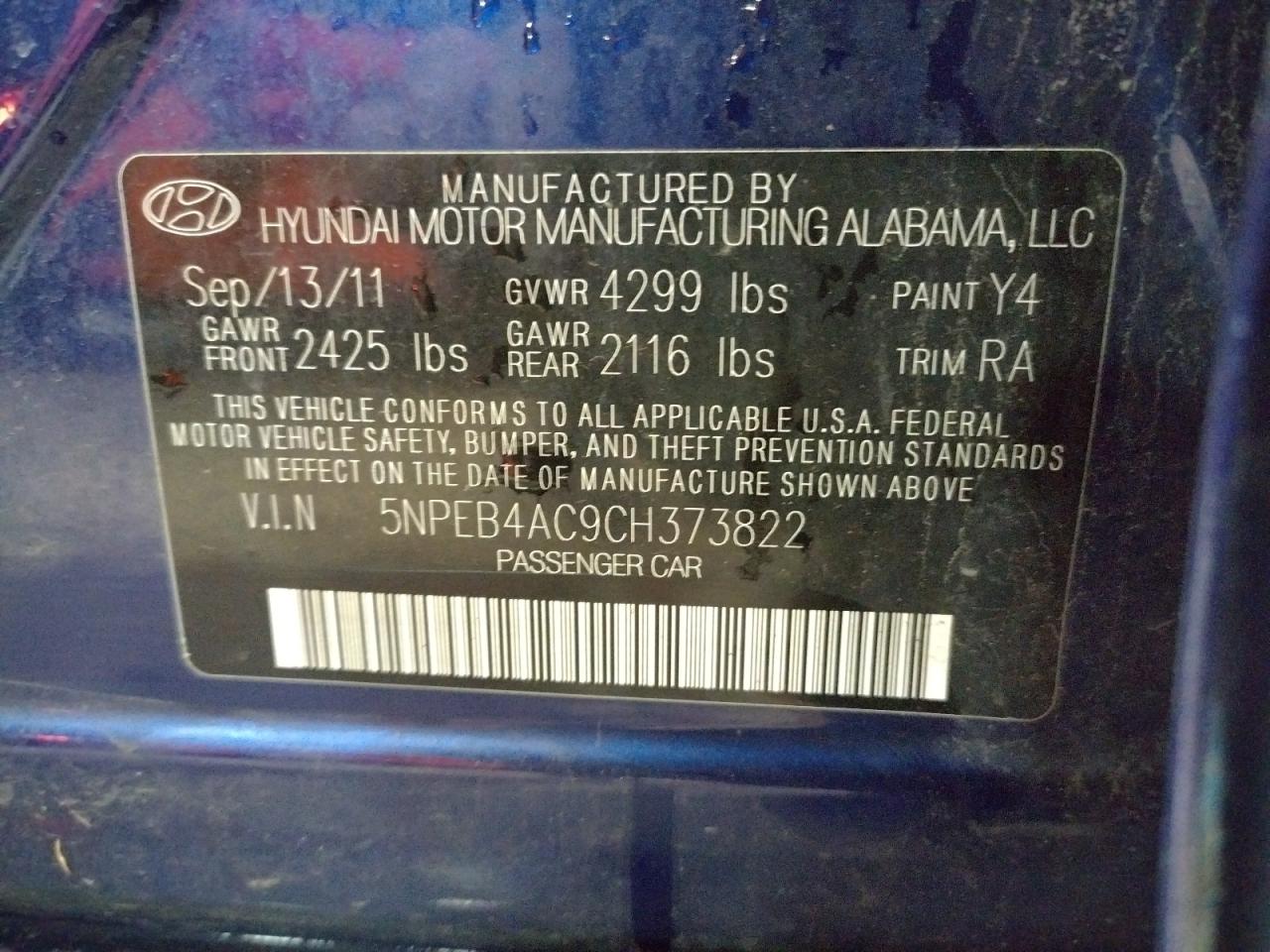 Photo 10 from auction – 2012 HYUNDAI SONATA GLS with VIN 5NPEB4AC9CH373822