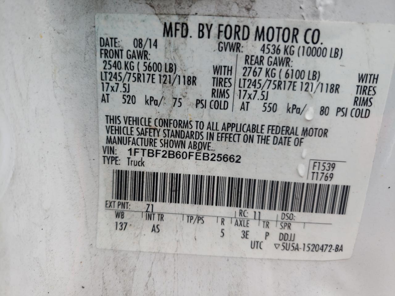 Photo 10 from auction – 2015 FORD F250 SUPER with VIN 1FTBF2B60FEB25662
