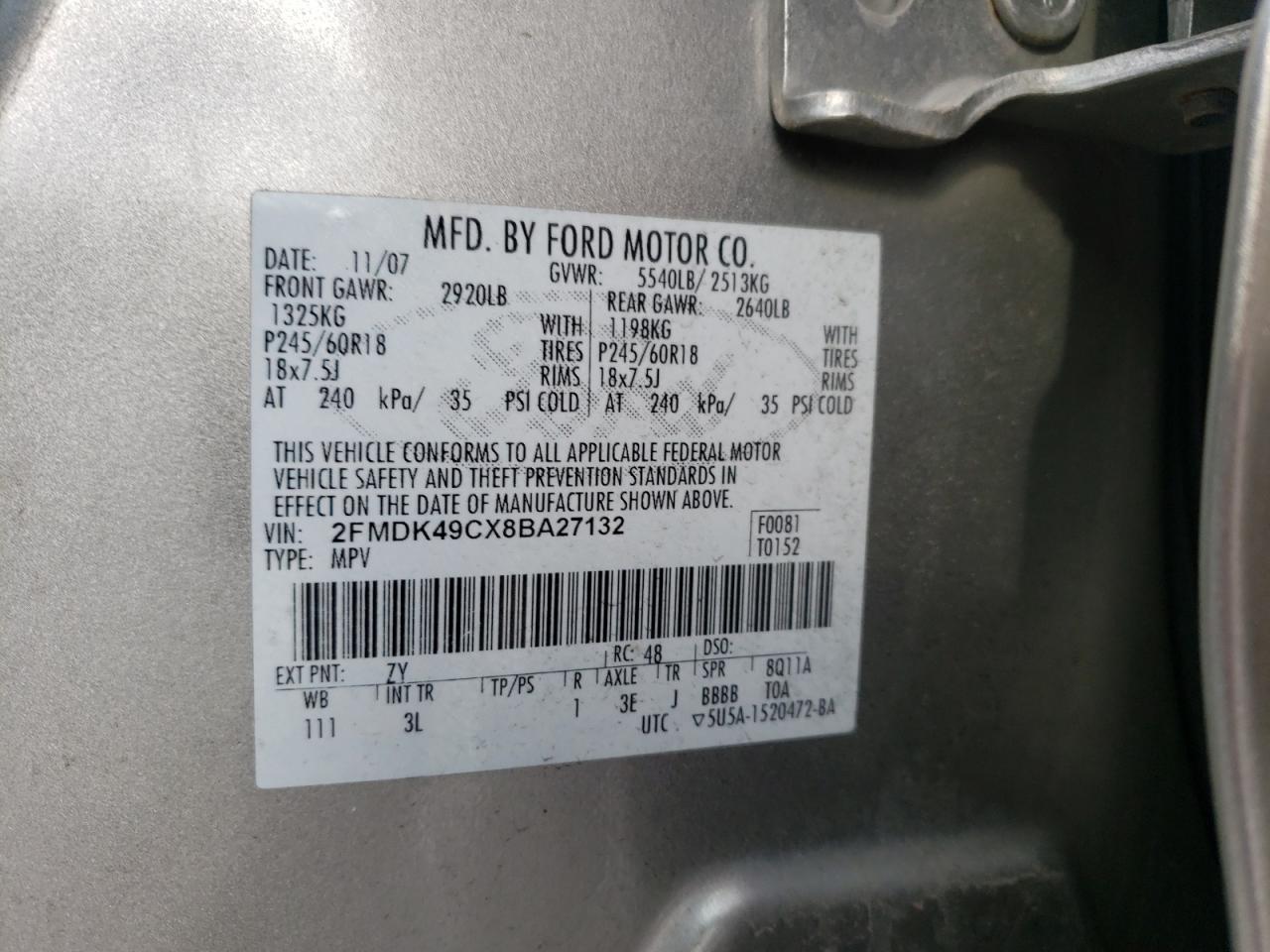Photo 10 from auction – 2008 FORD EDGE LIMIT with VIN 2FMDK49CX8BA27132