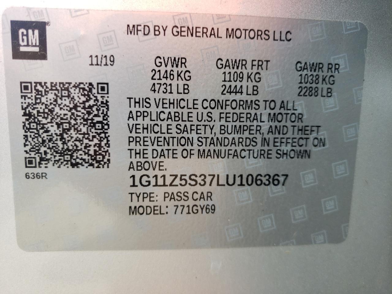 Photo 10 from auction – 2020 CHEVROLET IMPALA LT with VIN 1G11Z5S37LU106367