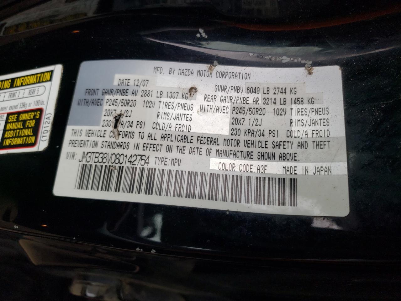 Photo 10 from auction – 2008 MAZDA CX-9 with VIN JM3TB38V080142764
