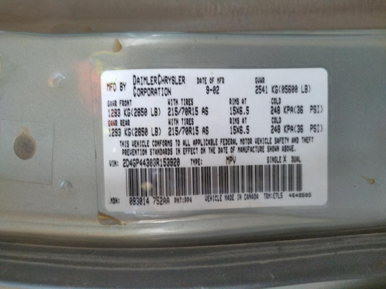 Zdjęcie 10 z aukcji – 2003 DODGE GRAND CARA z VIN 2D4GP44303R153920