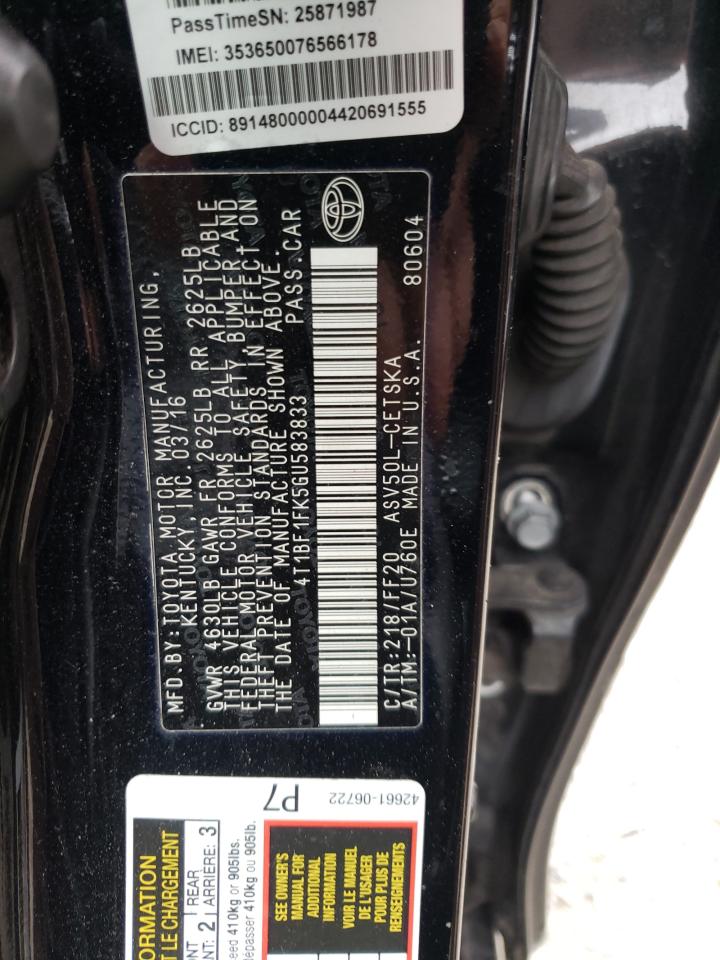 Photo 10 from auction – 2016 TOYOTA CAMRY LE with VIN 4T1BF1FK5GU583833