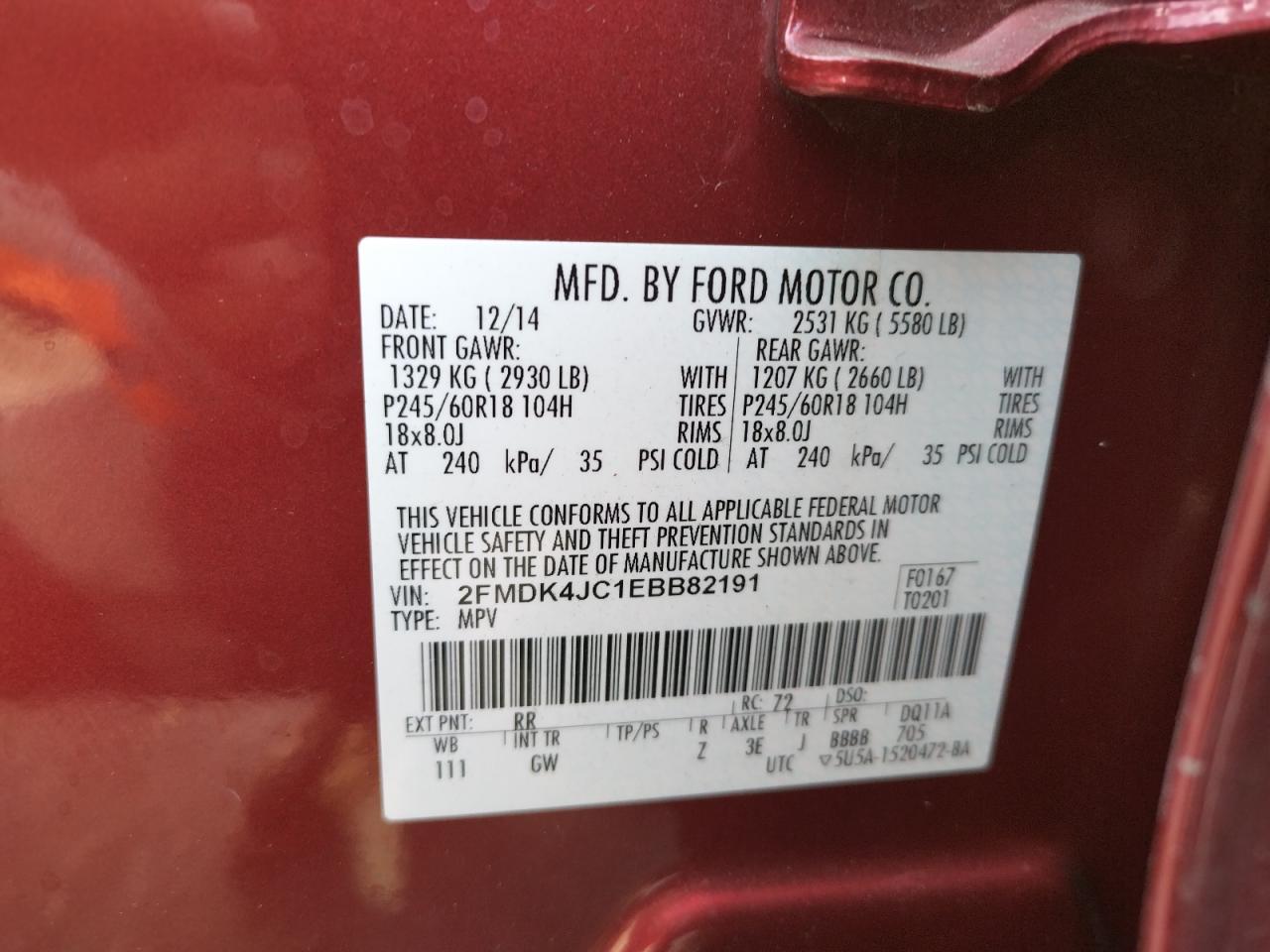 Photo 10 from auction – 2014 FORD EDGE SEL with VIN 2FMDK4JC1EBB82191