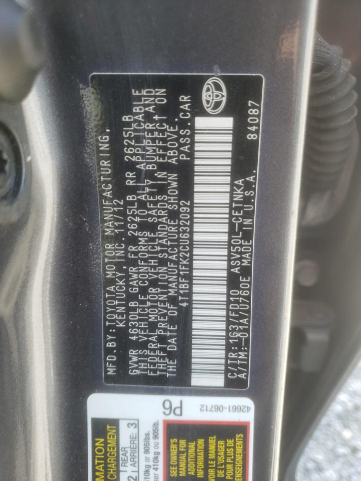 Photo 10 from auction – 2012 TOYOTA CAMRY BASE with VIN 4T1BF1FK2CU632092