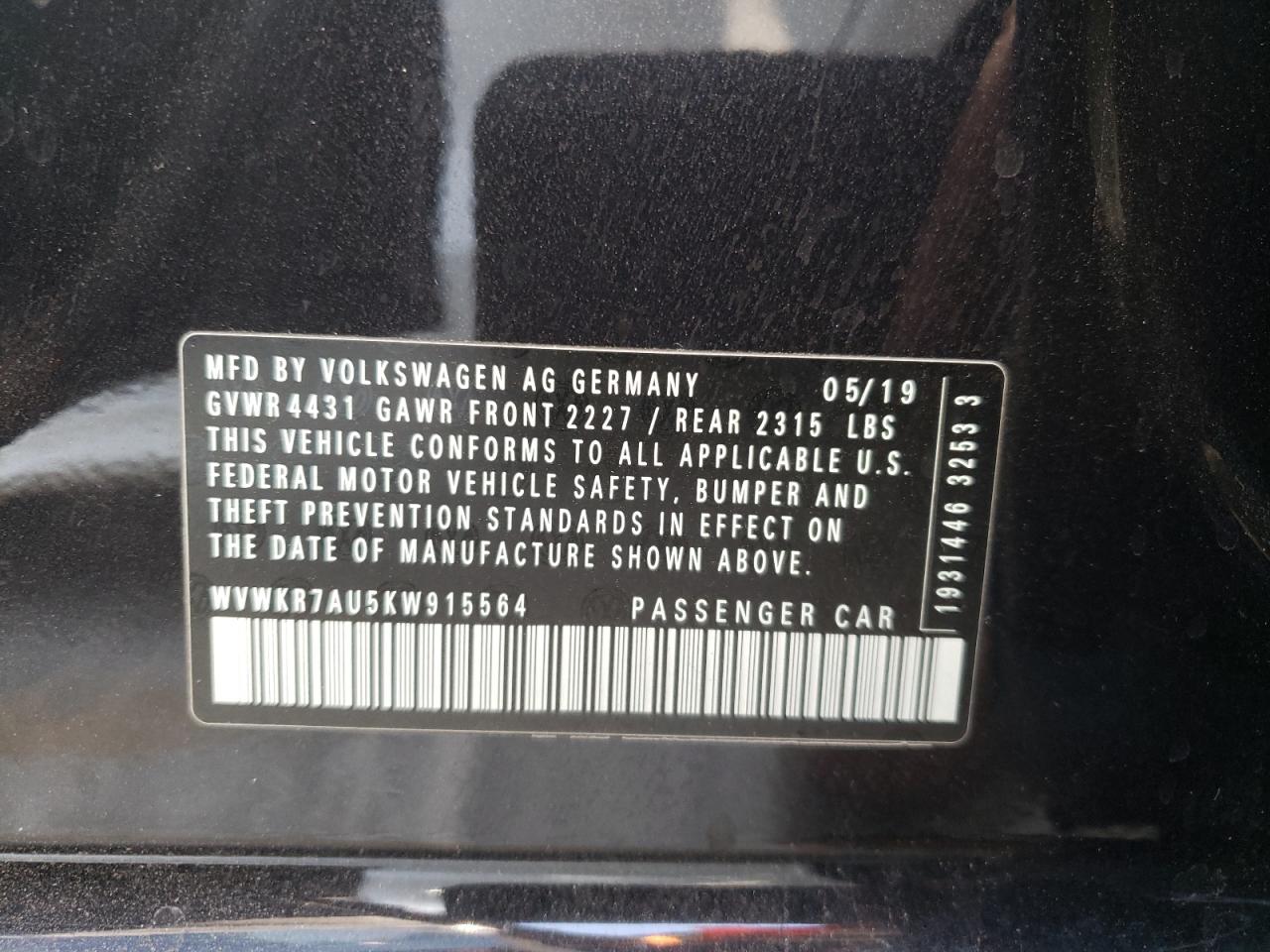 Photo 10 from auction – 2019 VOLKSWAGEN E-GOLF SE with VIN WVWKR7AU5KW915564