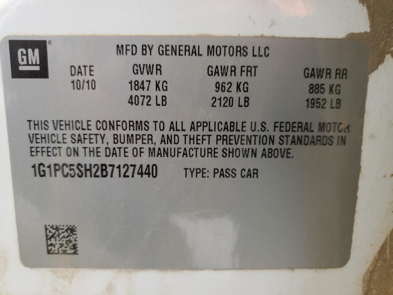 Photo 11 from auction – 2011 CHEVROLET CRUZE with VIN 1G1PC5SH2B7127440