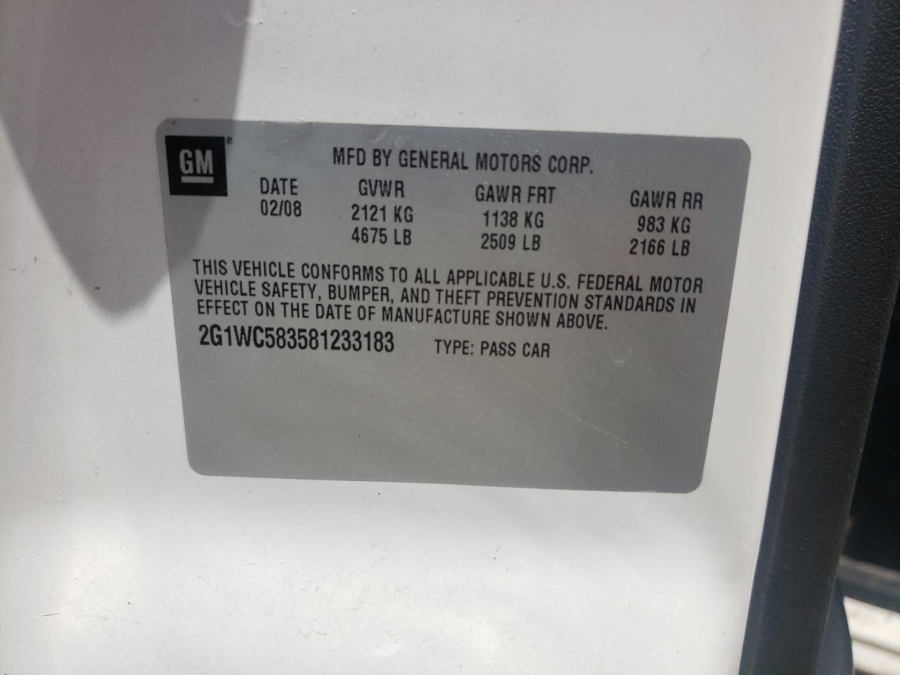 Photo 10 from auction – 2008 CHEVROLET IMPALA LT with VIN 2G1WC583581233183