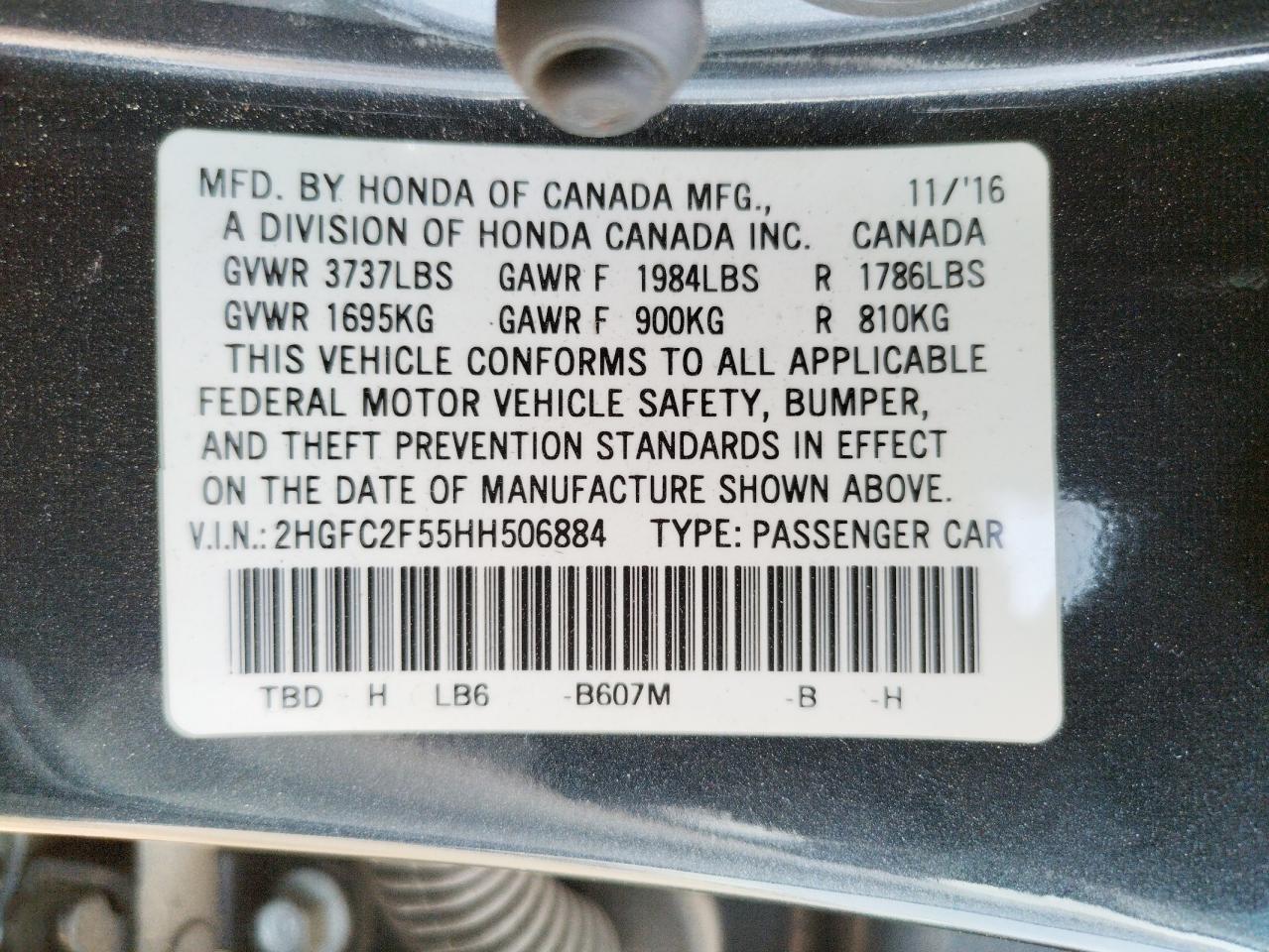 Photo 10 from auction – 2017 HONDA CIVIC with VIN 2HGFC2F55HH506884