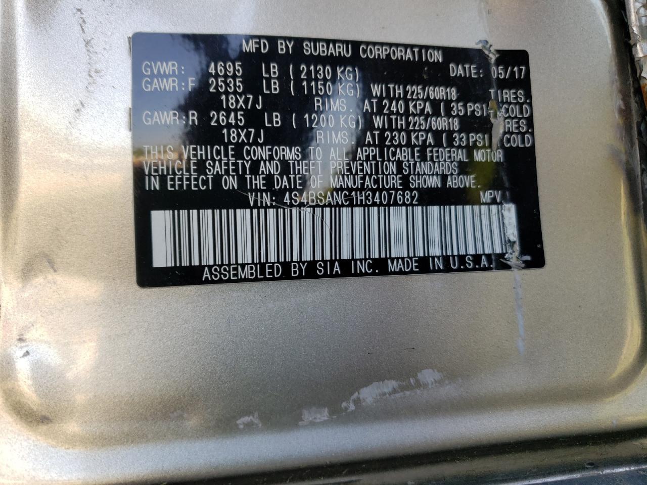 Photo 10 from auction – 2017 SUBARU OUTBACK 2. with VIN 4S4BSANC1H3407682