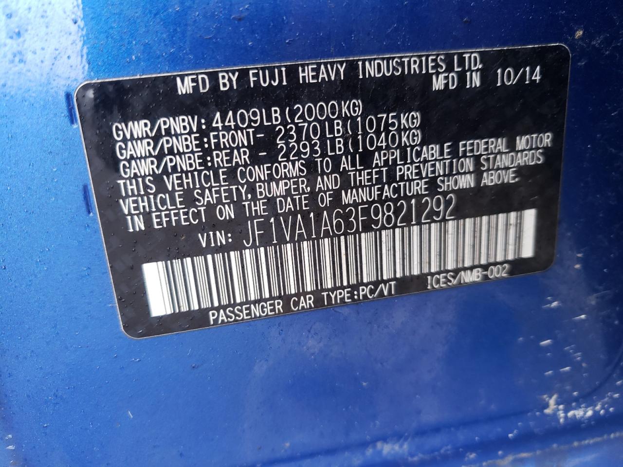Photo 10 from auction – 2015 SUBARU WRX with VIN JF1VA1A63F9821292