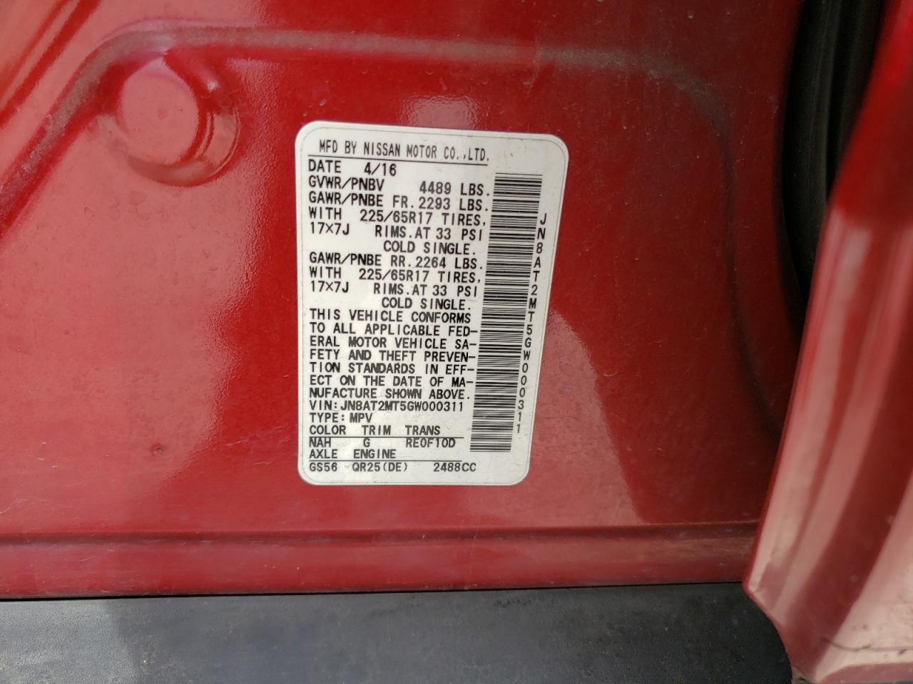 Photo 10 from auction – 2016 NISSAN ROGUE S with VIN JN8AT2MT5GW000311