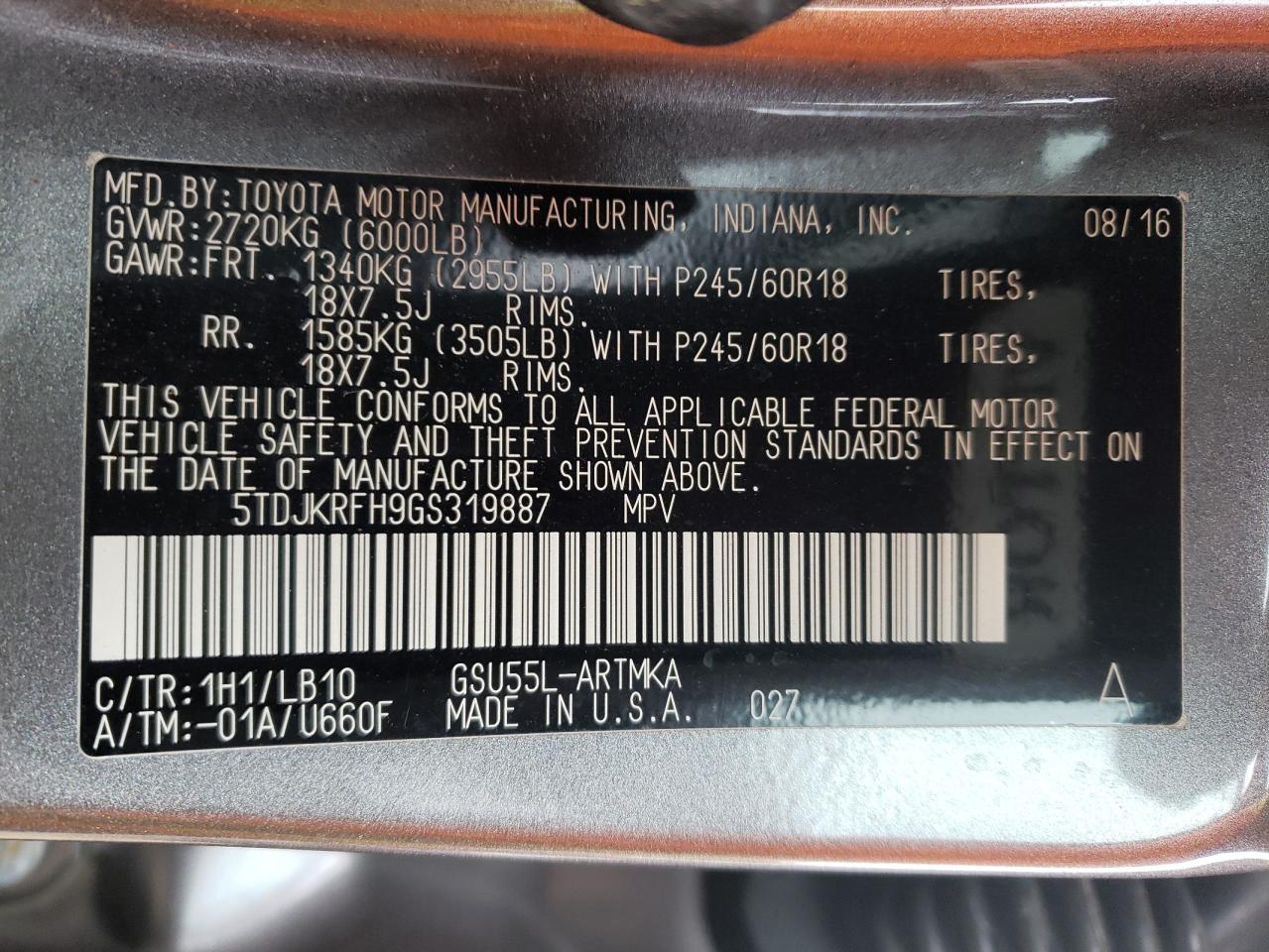 Photo 10 from auction – 2016 TOYOTA HIGHLANDER with VIN 5TDJKRFH9GS319887