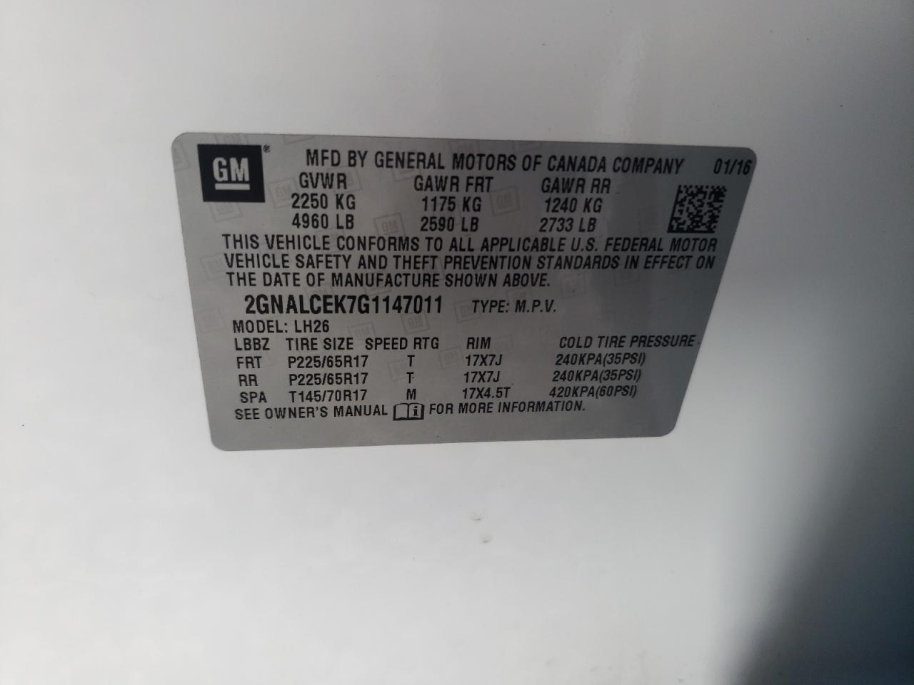 Photo 10 from auction – 2016 CHEVROLET EQUINOX LT with VIN 2GNALCEK7G1147011