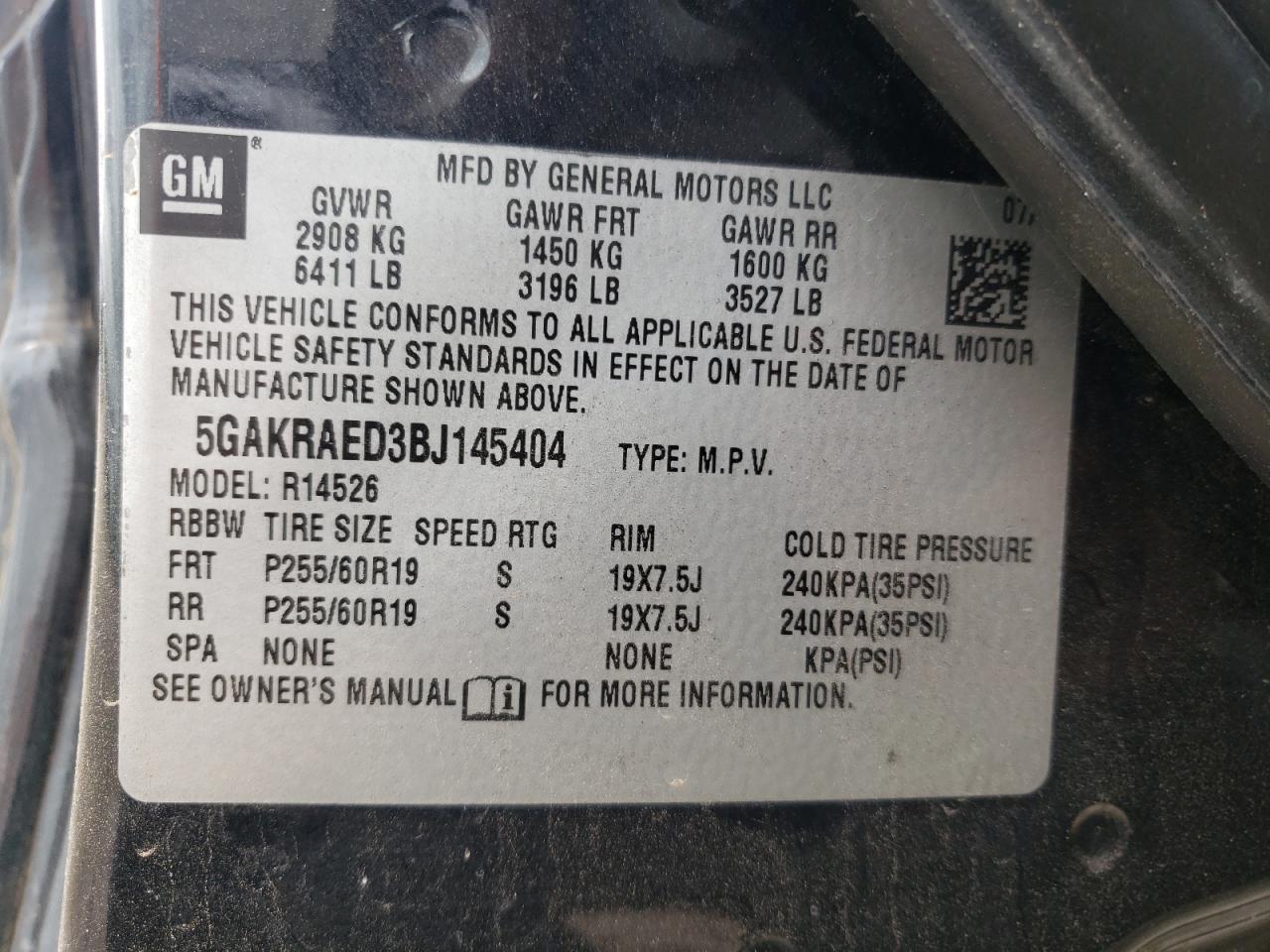 Photo 10 from auction – 2011 BUICK ENCLAVE CX with VIN 5GAKRAED3BJ145404