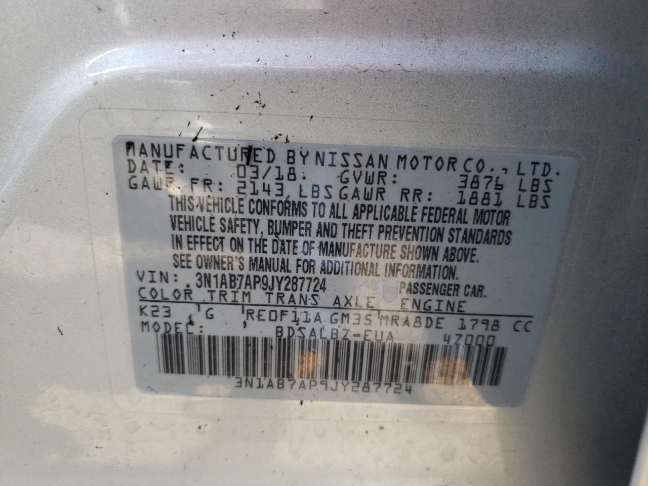 Photo 10 from auction – 2018 NISSAN SENTRA S with VIN 3N1AB7AP9JY287724