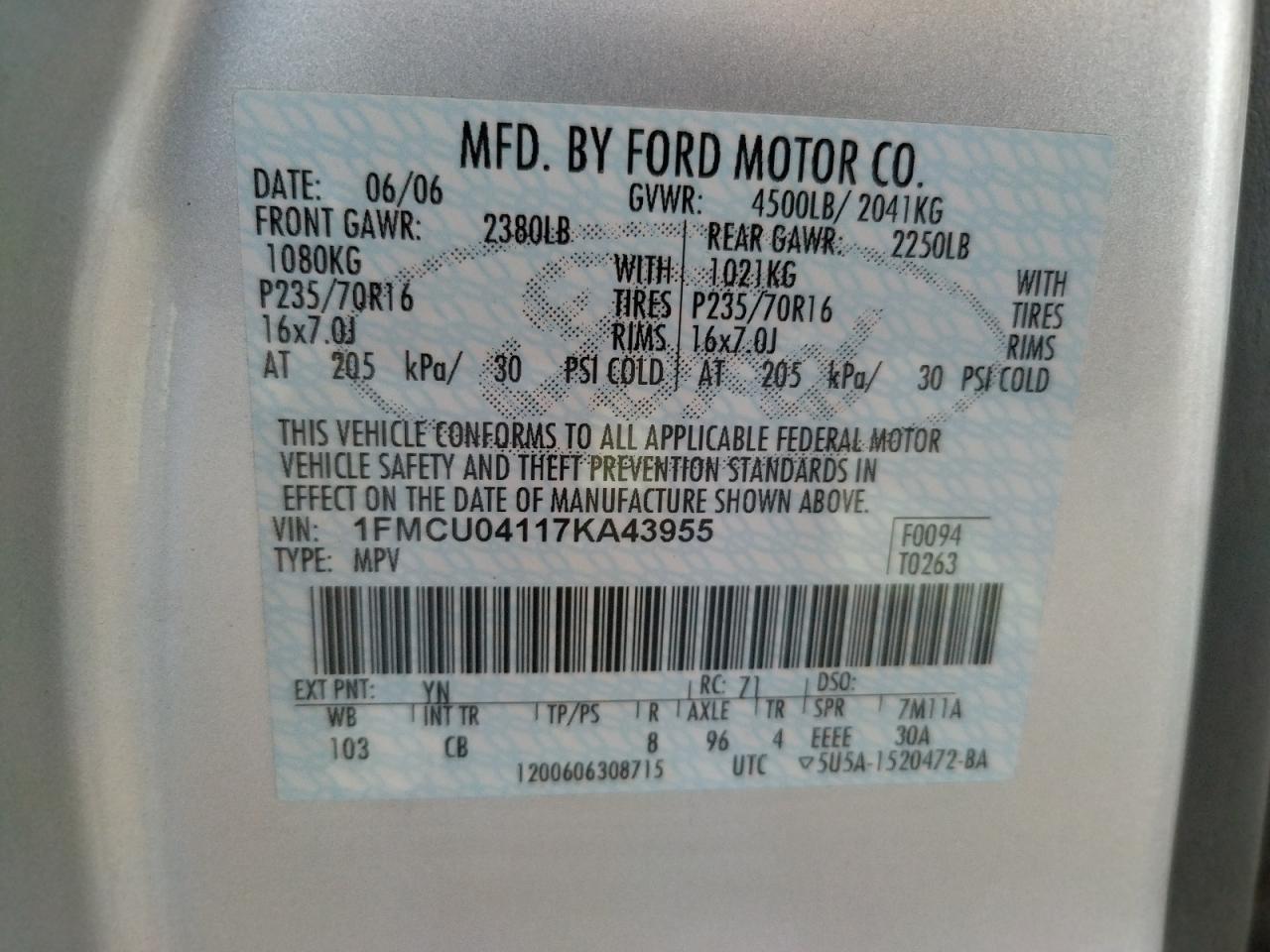 Photo 10 from auction – 2007 FORD ESCAPE LIM with VIN 1FMCU04117KA43955