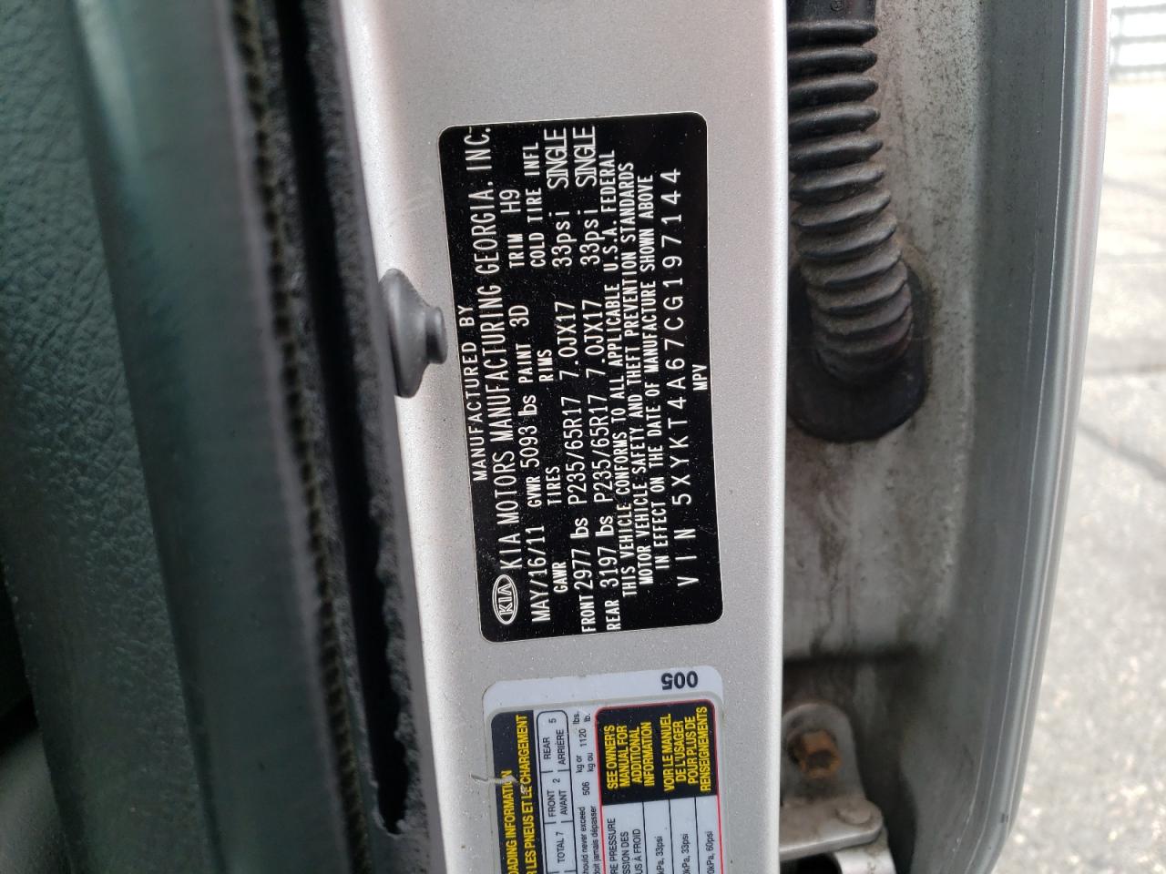 Photo 10 from auction – 2012 KIA SORENTO BA with VIN 5XYKT4A67CG197144