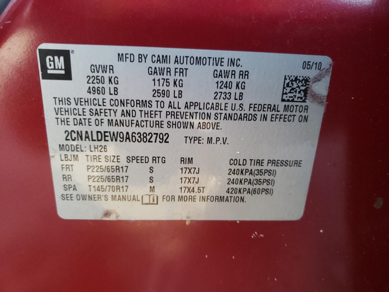 Photo 10 from auction – 2010 CHEVROLET EQUINOX LT with VIN 2CNALDEW9A6382792
