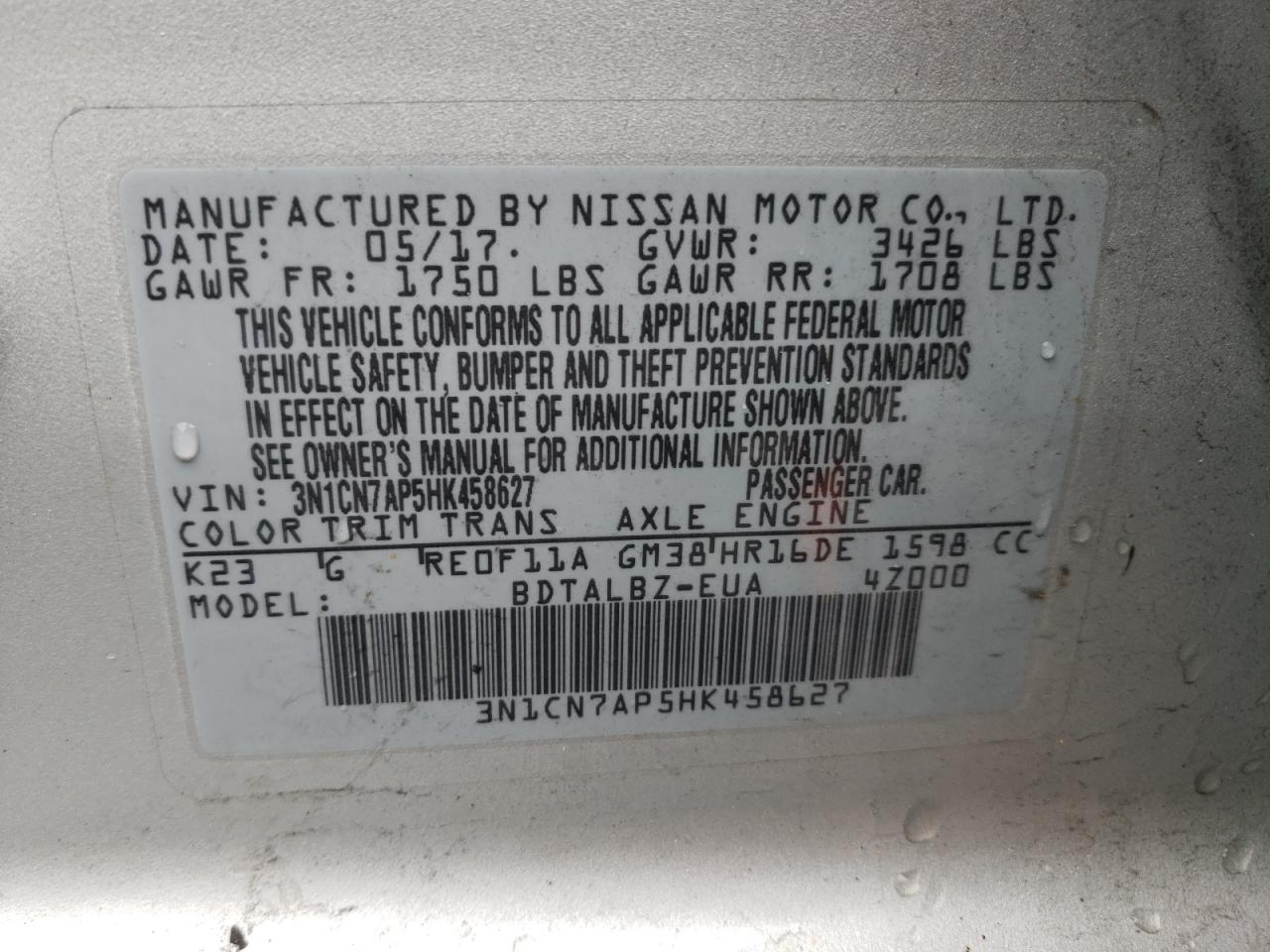 Photo 10 from auction – 2017 NISSAN VERSA S with VIN 3N1CN7AP5HK458627