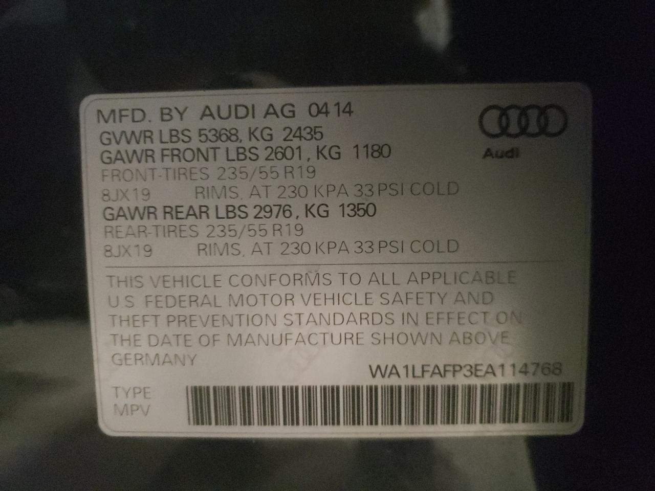 Photo 10 from auction – 2014 AUDI Q5 PREMIUM with VIN WA1LFAFP3EA114768
