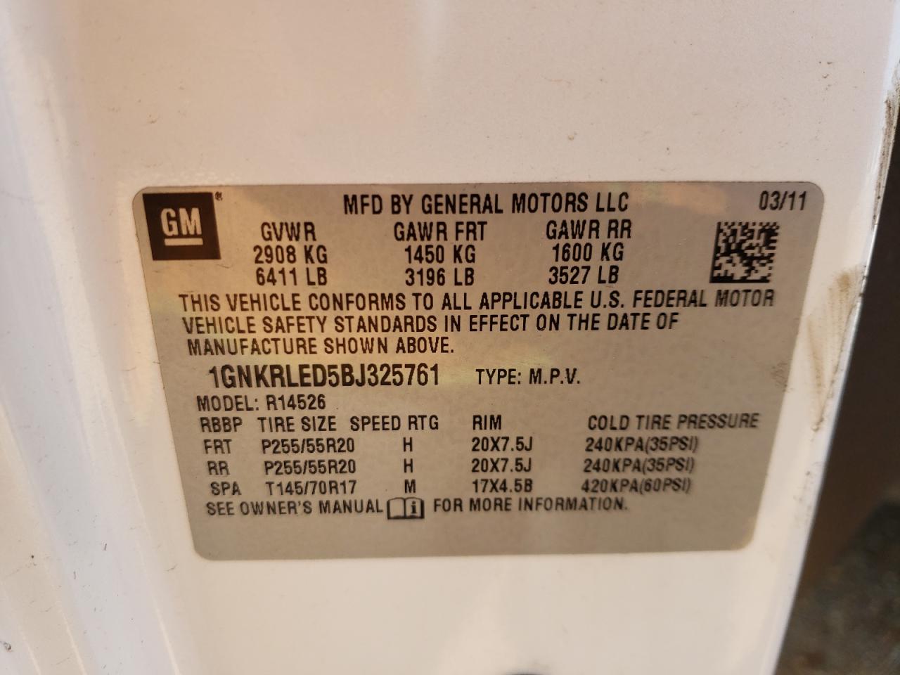 صورة رقم 10 من المزاد - 2011 CHEVROLET TRAVERSE L مع VIN 1GNKRLED5BJ325761