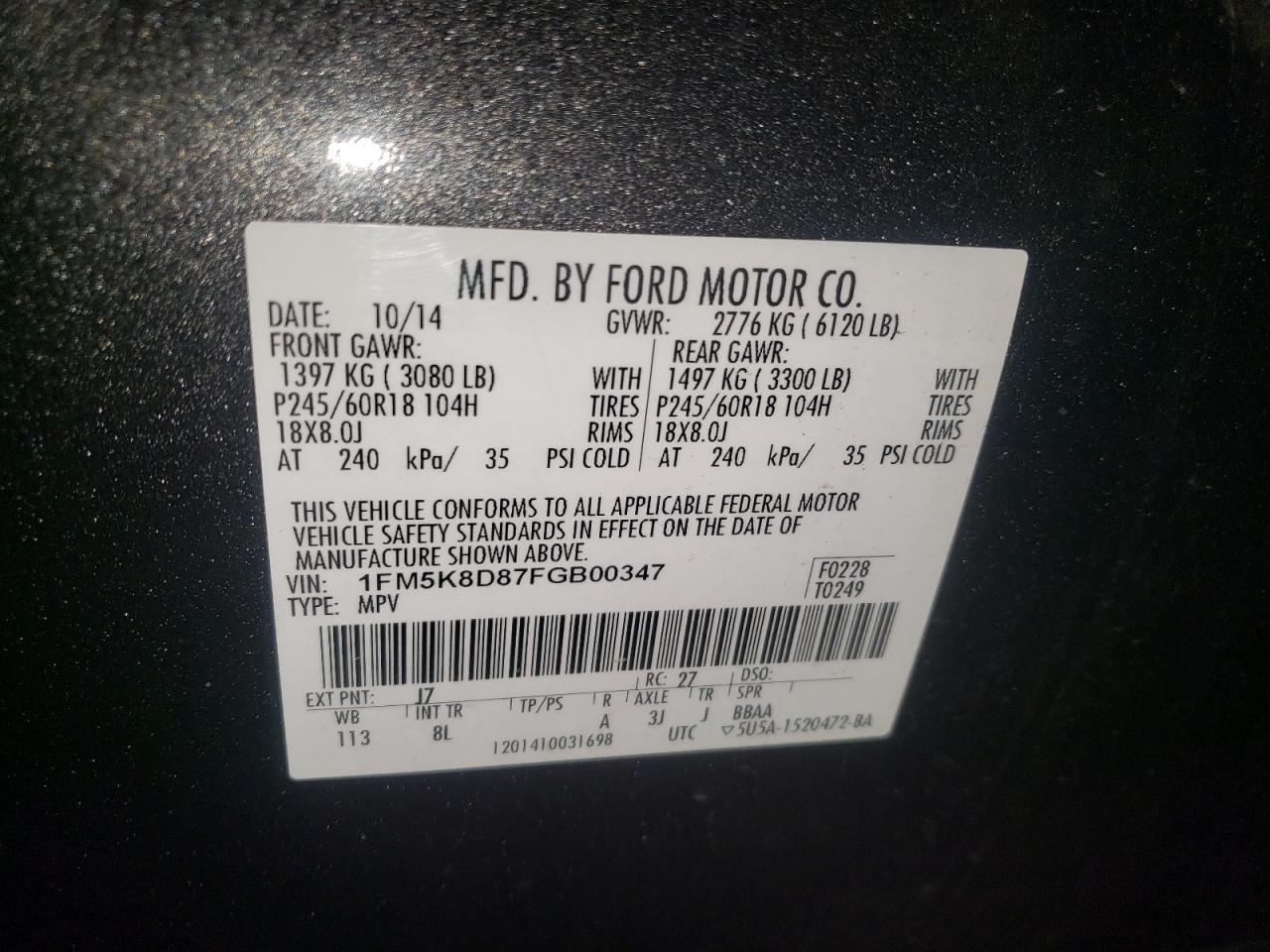 Photo 10 from auction – 2015 FORD EXPLORER X with VIN 1FM5K8D87FGB00347