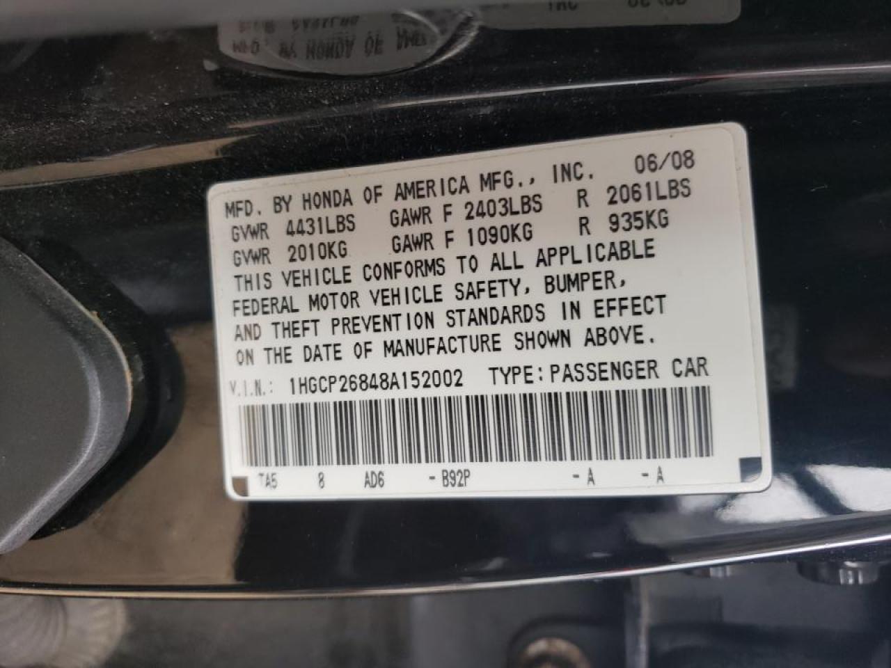 Photo 10 from auction – 2008 HONDA ACCORD EXL with VIN 1HGCP26848A152002