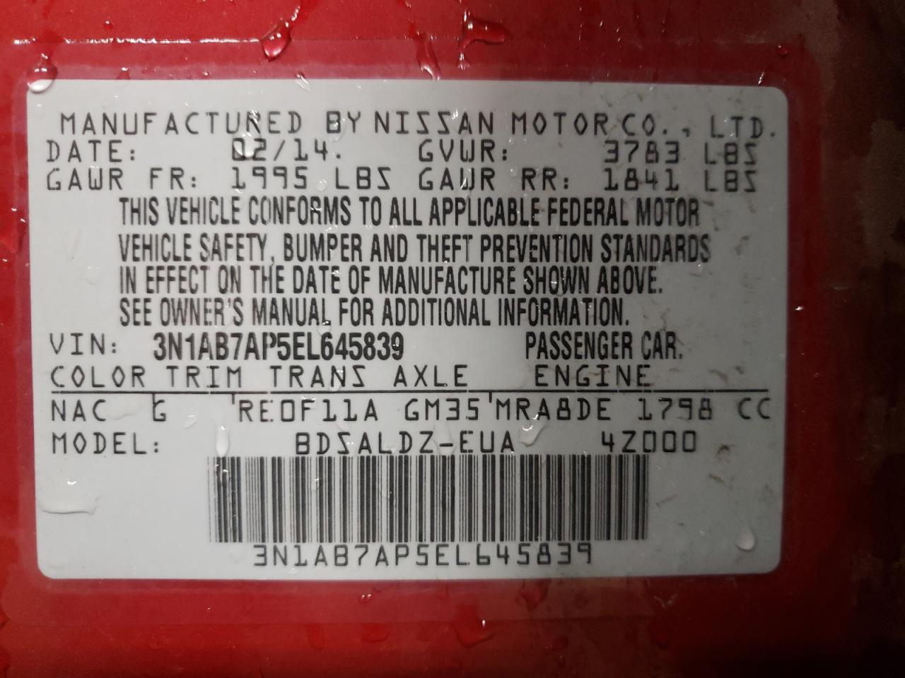 Photo 10 from auction – 2014 NISSAN SENTRA S with VIN 3N1AB7AP5EL645839