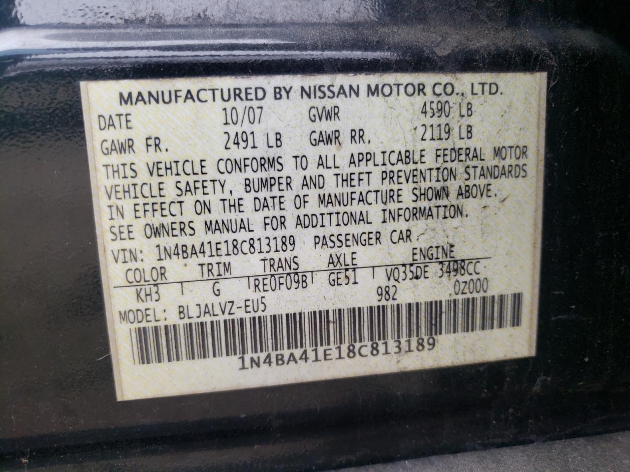 Photo 10 from auction – 2008 NISSAN MAXIMA SE with VIN 1N4BA41E18C813189