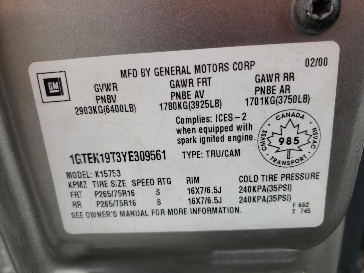 Photo 10 from auction – 2000 GMC NEW SIERRA with VIN 1GTEK19T3YE309561