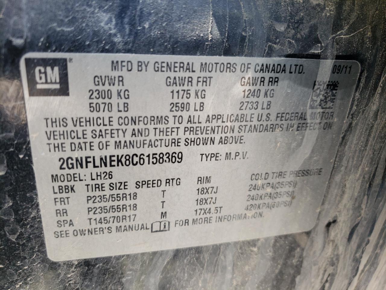 Photo 10 from auction – 2012 CHEVROLET EQUINOX LT with VIN 2GNFLNEK8C6158369