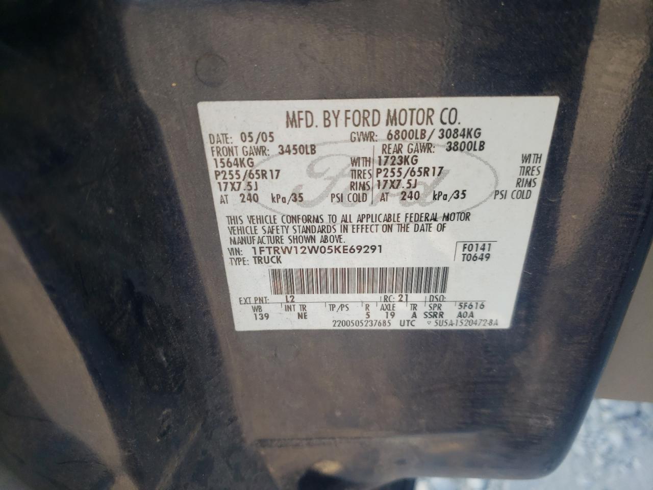 Photo 10 from auction – 2005 FORD F150 SUPER with VIN 1FTRW12W05KE69291