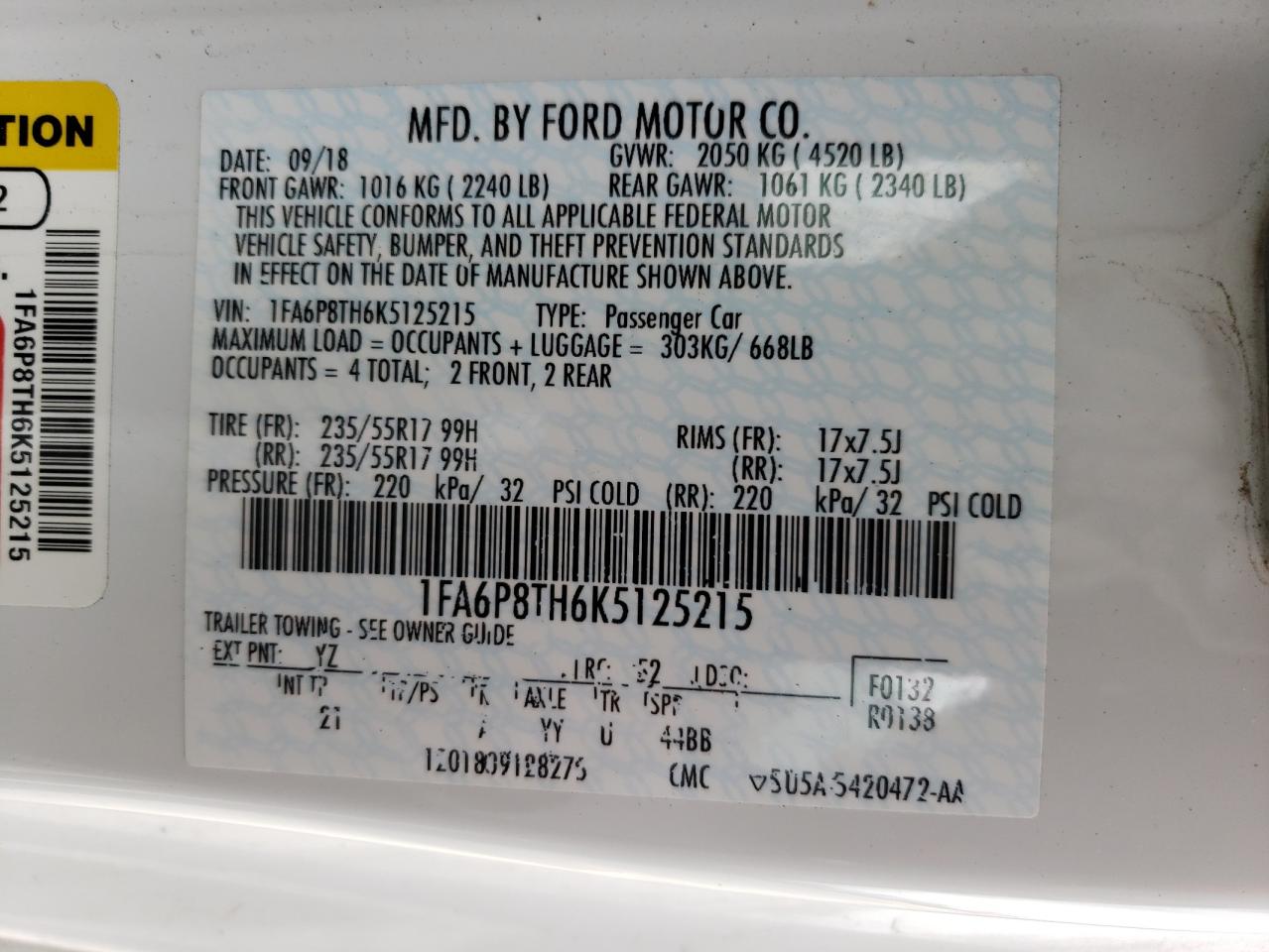 Photo 10 from auction – 2019 FORD MUSTANG with VIN 1FA6P8TH6K5125215