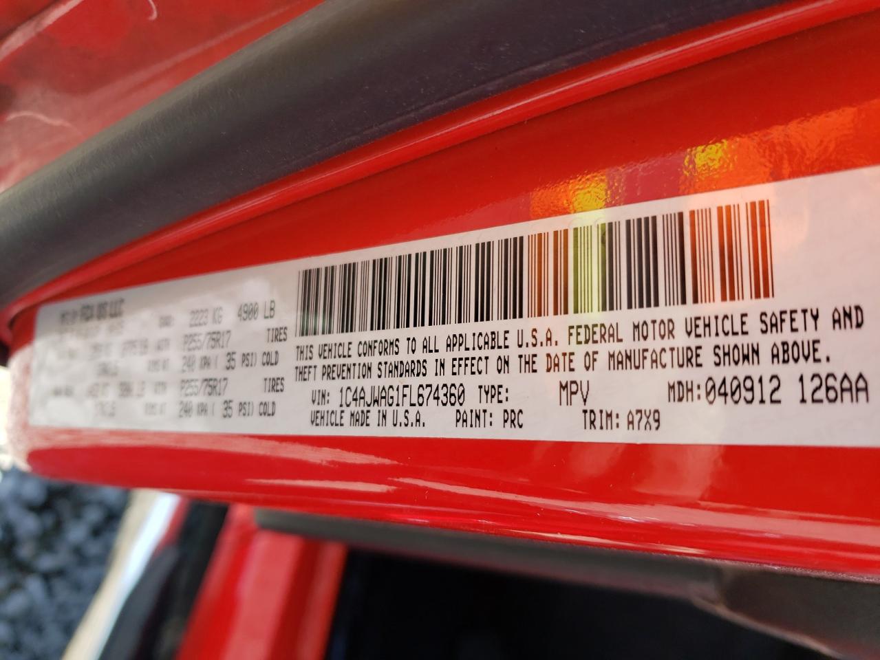 Photo 10 from auction – 2015 JEEP WRANGLER S with VIN 1C4AJWAG1FL674360